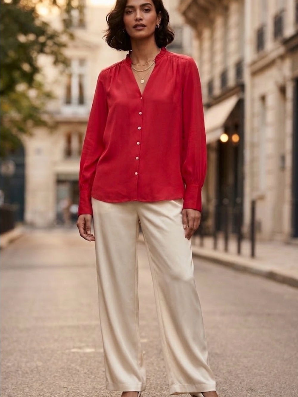 J.CREW 100% Silk Red Ruffle Collar Button Up Blouse Top Long Sleeve Size L